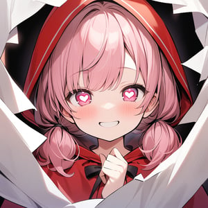 1 little girl, solo, portrait,
pink hair, twintails, pink eyes, (heart-shaped pupils:1.2), grin smile, cheerful, open mouth, Little Red Riding Hood,red hood,
A red light source behind her, white background, 
masterpiece, best quality, very aestheric,
The girl has poked her face through a hole in the white paper, peering out mischievously.