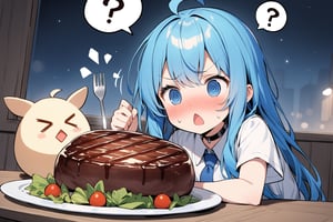 1 little girl, solo, upper body, diagonal angle,
blue hair, long hair, ahoge, blue eyes, @_@, chestnut mouth, confused, troubled, blush,
choker, white shirt, blue tie, short sleeves, 
humpty dumpty, >_<,
night, big steak, knife, fork,
(many spoken_question_mark:1.2),
masterpiece, best quality, 