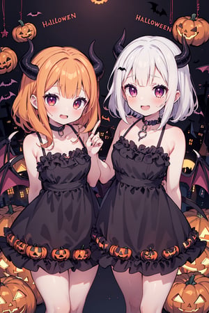 masterpiece, best quality, anime style, 2girls, demon_girls, devil_wings, smile, choker ,devil_horns,Halloween costumes, Halloween midnight background, laughing pumpkins, laughing ghosts,halloween,arms_behind_back,