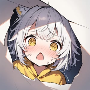 1 little girl, solo, portrait,
wolf girl, wolf ear, yellow eyes, @_@, chestnut mouth, white hair, short hair, messy hair, yellow wolf outfit, small wolf fangs, nervous, scared smile, blush, teary eyes, tearful, (trembling:1.2), (sweat:1.1),
masterpiece, best quality, very aestheric,
The girl has poked her face through a hole in the white paper, peering out mischievously.