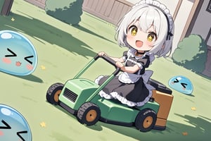 1 little girl, solo, diagonal angle,
white hair, short hair, yellow eyes, +_+, smile, open mouth, smile, cheerful,
choker, maid outfit,
mowing the lawn, the lawn mower, the lawn,
slime, >_<,
masterpiece, best quality, very aestheric,