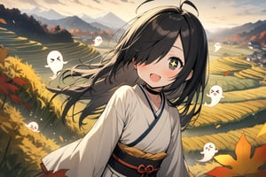 1 little girl, solo, ghosts, upper body, diagonal angle, Panorama, 
black hair, long hair, ahoge, (hair over one eye:1.2), black eyes, +_+, open mouth, smile, cheerful, 
choker, white long kimono,
ghosts, >_<,
autumn Rice terraces, autumn terraced rice fields, golden Ear of rice, Rice Harvesting, autumn leaves,
autumn, in japanese Sengoku period,
View of the basin from the top of the mountain, 
masterpiece, best quality, very aestheric,