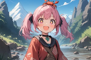 1 little girl, solo, upper body, diagonal angle,
pink hair, twintails, pink eyes, +_+, open mouth, smile, cheerful, 
choker, Jomon Era Clothing, Jade Magatama,
cute little crab on her head, >_<,
Mountain Stream, Pebbled Riverbank, River Pebbles, Megaliths, summer, highland, Cliff-sided Mountain, blue sky, clear weather, 
masterpiece, best quality, very aestheric,