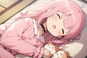 1 little girl, solo, diagonal angle,
pink hair, long hair, closed eyes, chestnut mouth, small saliva, smile, sleeping, happiness, 
choker, cute pink pajamas,
hamsters, =_=, 
japanese showa, tatami, futon,
sleeping, spoken zzz,
masterpiece, best quality, very aestheric,