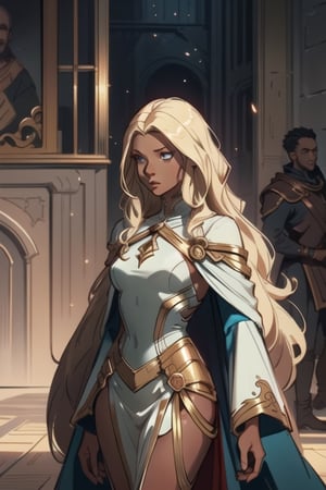 Style of dungeons and dragons, floor length hair , looking to left ,  female , pretty, long hair, flowing hair, enchanter, less clothing,  super long hair, gold clothing, darker skin, blonde, less clothes, dark skin