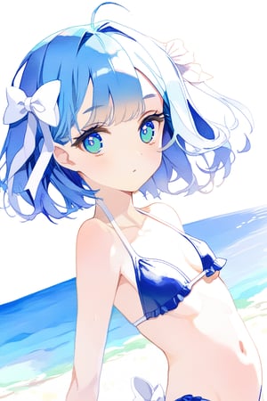 ,blue hair,short hair,medium breasts,long hair,blue pupils,swimsuit,There is a small white bow on the left side of the hair.