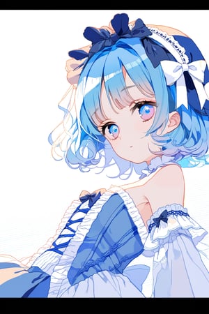 blue hair,short hair,medium breasts,long hair,blue pupils,Lolita,There is a small white bow on the left side of the hair.