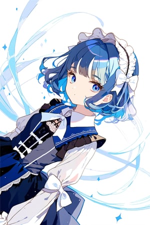 blue hair,short hair,medium breasts,long hair,blue pupils,collared shirt,Lolita,There is a small white bow on the left side of the hair.