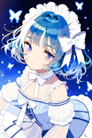 blue hair,short hair,medium breasts,long hair,blue pupils,Lolita,There is a small white bow on the left side of the hair.