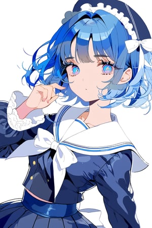 blue hair,short hair,medium breasts,long hair,blue pupils,sailor suit,Lolita