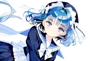 blue hair,short hair,medium breasts,long hair,blue pupils,sailor suit,Lolita,There is a small white bow on the left side of the hair.