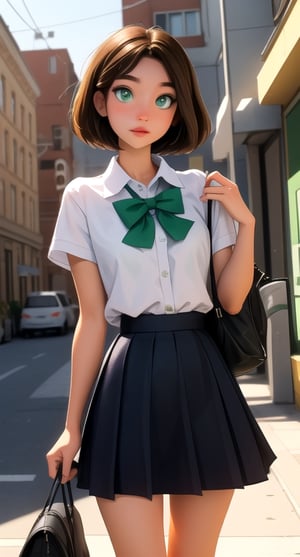 light green eyes, short messy hairstyle, brown hair in a modern city and wearing a school uniform girl, high_school_girl,SAM YANG