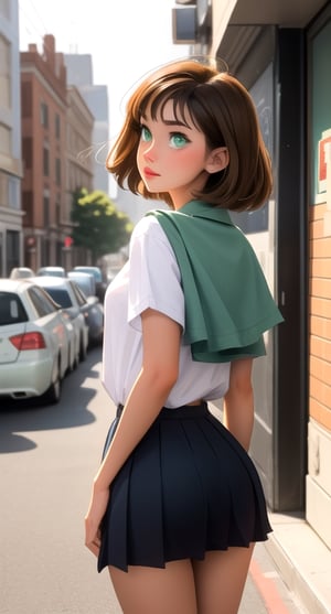 light green eyes, short messy hairstyle, brown hair in a modern city and wearing a school uniform girl, ,showing ass , high_school_girl,SAM YANG