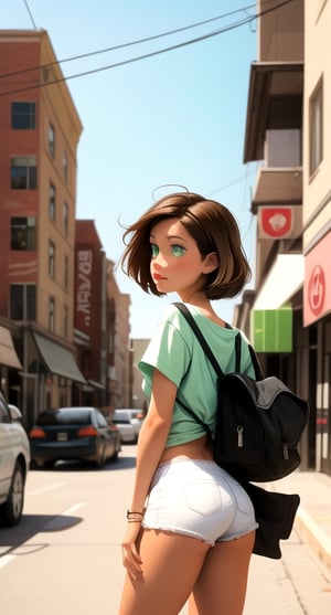 light green eyes, short messy hairstyle, brown hair in a modern city and wearing no skrit, showing ass , high_school_girl,SAM YANG