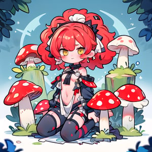 darks kin girl with big red afro hair, a mushroom themed outfit, red and yellow eyes, and patches of black all over her skin