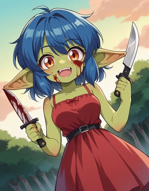 score_9,score_8_up,score_7_up,source_anime,anime screencap,anime coloring,
1girl, dress,casual,loli,cute,goblin girl,monster girl,, medium breasts,evil smile,knife,knife on the cheek,blood,blood on face,looking at viewer, cowboy shot, dutch angle,retro artstyle,1990s (style) 