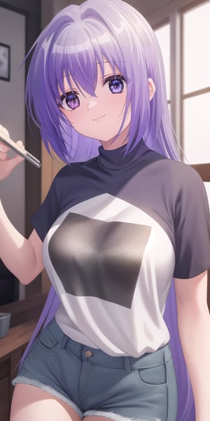 (masterpiece), best quality, high resolution, extremely detailed,1girl,solo,female focus,tsukasa_mikogami, grey hair, purple eyes, heterochromia, blue eyes, (t-shirt:1.5),fluffy hair,(((very long hair))),(female body:1.5),(t-shirt:1.5), denim shorts, light smile, joyful eyes, cute pose, BREAK indoors, hot springs, BREAK looking at viewer, (cowboy shot:1.5), (masterpiece:1.2), best quality, high resolution, unity 8k wallpaper, (illustration:0.8), (beautiful detailed eyes:1.6), extremely detailed face, perfect lighting, extremely detailed CG, (perfect hands, perfect anatomy),better hands