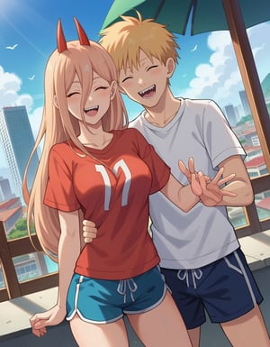 score_9,score_8_up,score_7_up,source_anime,anime screencap,anime coloring,1girl,1boy,power (chainsaw man),denji (chainsaw man),smile,t-shirt,dolphin shorts,:d,closed eyes,outdoors, cityscape, smile, looking at viewer, dutch angle, cowboy shot,ultra cute girl,,hugging