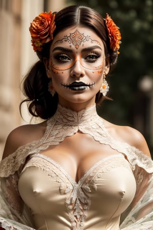 Best quality,8k,32k,Masterpiece, (UHD::1.2),full body potrait of a young woman with Catrina makeup ((latina)), ((hazel_eyes, bright)), extreme detailed eyes, dia de los muertos,(white make up,orange,black makeup,emulating a skull with the make up,orange flowers as ornament in hair),many orange flowers,and attractive features,eyes,eyelid,focus,depth of field,film grain,ray tracing,contrast lipstick,slim model, (impossible_fit), toned abs, (((wearing vintage lace mexican gown))),((large_breasts)), absolute_cleavage,plump breasts, detailed natural real skin texture,visible skin pores,anatomically correct,night,(teotihuacan),Catrina, secuctive, hourglass_figure ,photo of perfecteyes eyes, ((brown shoulder length hair, tight bun))