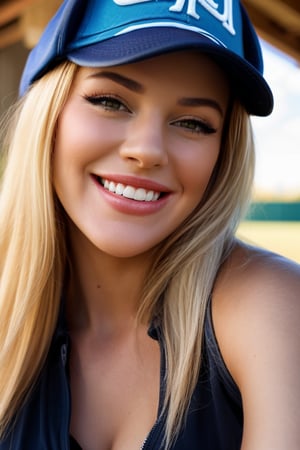 generate an image of a beautiful blonde woman, close up headshot, (detailed hazel eyes), big beautiful smile with perfect teeth, wearing a light blue baseball cap with her hair down.