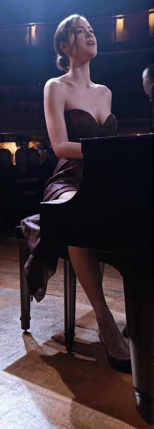 A sensual close-up shot of a stunning woman sitting at a grand Steinway piano in a dimly lit theater. She's wearing a ravishing dress that hugs her curves, and her long legs are clad in needle-thin stilettos. Her fingers dance across the piano keys as she plays with passion and precision, her beauty and artistry captivating the audience.