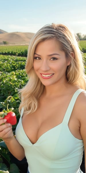 A cheerful Argentinian girl enjoying the Strawberry Festival Festival, DeeG, she has the most beautiful hazel eyes, ((blonde hair)), beaming under the early morning sun of Southern California in the Spring. The scene is accentuated by a lush strawberry Fields in the background. The photo features a cinematic style with a classic Hollywood filter, rendered hyper-realistically as if captured by a Canon EOS 5D Mark IV, exuding a realistic, cinematic vibe.