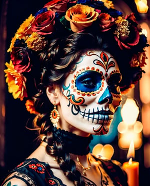 (Best quality, 8k, 32k, Masterpiece, UHD:1.2),  a couple, catrin dancing with a beautiful young woman catrina, skull make-up, sugar skulls, candle light, Dark tones, inside an old church, gorgeous woman, catrin in charro clothing, catrina wearing a tight vintage linen dress, catrina with orange and red flowers in hair, hair is braided, cande light shines beautifully on them, they are looking lovingly into each others eyes, anatomically correct,(PnMakeEnh),Catrin,Catrina