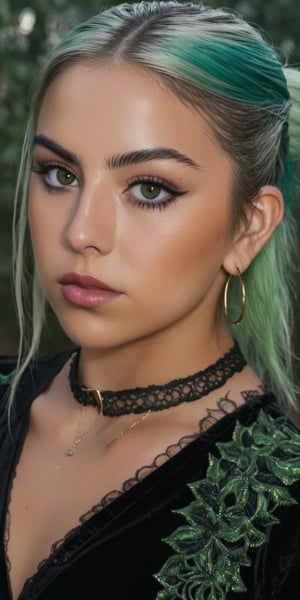 ((top quality)), ((masterpiece)), full body image of a young gothic mexican girl with a  touch of punky, ((front view,)) With a black velvet unbuttoned shirt over his nude body, with a rebellious appearance, black shaded eyes, green hair, intricate details, highly detailed light hazel eyes, highly detailed mouth, cinematic image, illuminated by soft light,photo of perfecteyes eyes