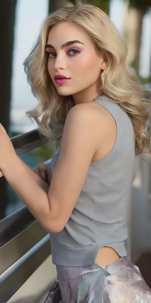 Generate hyper realistic image of a stunning woman with a light blonde hair, wearing a designer short skirt, cropped top and dark ripped pantyhose. With beautiful gray eyes and pink lips, she stands on a balcony under the moonlight, exuding an air of mesmerizing seduction.,MelissaB