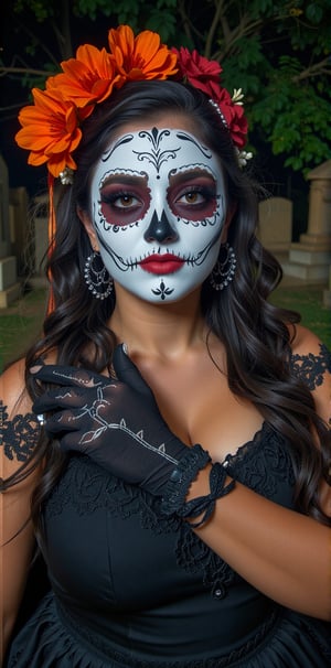 High quality, 4k, masterpiece, realistic. Generate an image of a 45 year old long Mexican woman, Full body portrait of a woman with Catrina makeup, dia de los muertos, white make up, dark red, black makeup, emulating a skull with the make up, orange flowers as ornament in hair, many dark red flowers, wearing a black gown, lace gloves and attractive features, eyes, eyelid, focus, depth of field, film grain,, ray tracing, ((contrast lipstick)), voluptuous model, detailed fabric rendering, detailed natural real skin texture, visible skin pores, anatomically correct, night, cemetary background, Catrina, Latina, curvy