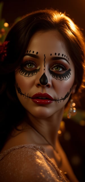 Generate an image of a beautiful Catrina, her face transformed into an exquisite sugar skull with intricate, almost translucent white makeup. Her piercing gaze shines forth, framed by striking black designs that dance around her green eyes. A luxurious, warm glow illuminates the image, highlighting the deep red hue of her lips and the ornate patterns that adorn her facial features. raw_photo