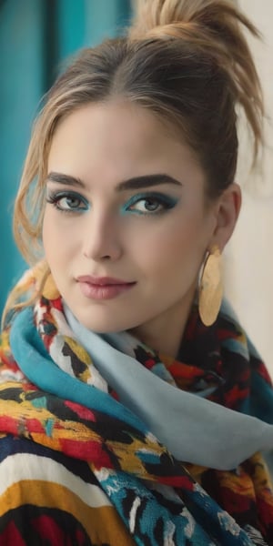 Generate hyper realistic image of a woman with blonde ponytail, mesmerizing blue eyes, and a warm, innocent smile, rocking November designer streetwear. The large scarf elegantly covers her mouth, and she complements her look with stylish earrings and dark makeup. The urban setting adds an edge to her fashionable presence.,MelissaB