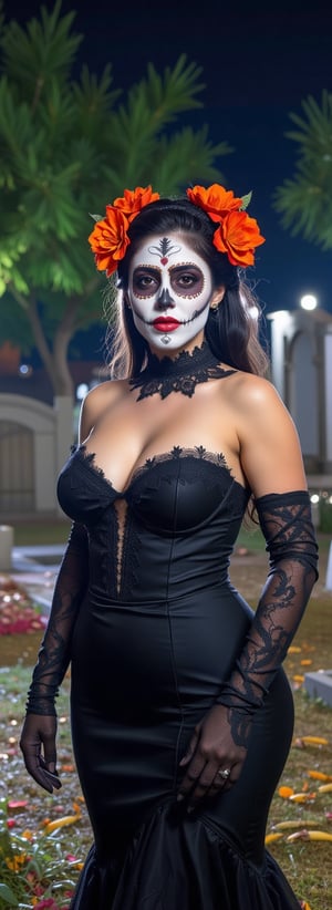 High quality, 4k, masterpiece, realistic. Generate an image of a 45 year old long Mexican woman, Full body portrait of a woman with Catrina makeup, dia de los muertos, white make up, dark red, black makeup, emulating a skull with the make up, orange flowers as ornament in hair, many dark red flowers, wearing a black gown, lace long formal gloves and attractive features, eyes, eyelid, focus, depth of field, film grain,, ray tracing, ((contrast lipstick)), voluptuous model, detailed fabric rendering, detailed natural real skin texture, visible skin pores, anatomically correct, night, cemetary background, Catrina, Latina, curvy