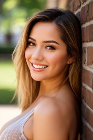 generate an image of a beautiful Latina woman, 19 years old, close up headshot, (detailed hazel eyes), big beautiful smile with perfect teeth, realistic skin texture and pores, shoulder length light brown hair that turns blonde as it reaches the tips. Albsolutely amazing round breasts in a sheer summer linen dress. The perfect woman to marry. Perfect lighting.