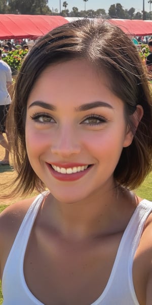 A cheerful Argentinian girl enjoying the Oxnard Strawberry Festival Festival, she has the most beautiful hazel eyes, beaming under the early morning sun of Southern California in the Spring. The scene is accentuated by a lush strawberry Fields in the background. The photo features a cinematic style with a classic Hollywood filter, rendered hyper-realistically as if captured by a Canon EOS 5D Mark IV, exuding a realistic, cinematic vibe.