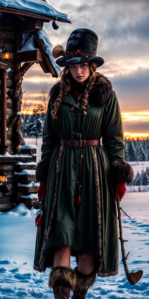 Best quality, 32k, (UHD::1.2), create photo realistic beautiful woman dressed up as a sexy Belsnickel. (Belsnickel wears furs and a fur round Russian Style hat with leaves and twigs). Typically very ragged and disheveled, wears torn, tattered, and dirty dress, ((carries a whip in hand with which to beat naughty children)). Christmas time, outside in the snow at sunset, beautiful lighting.