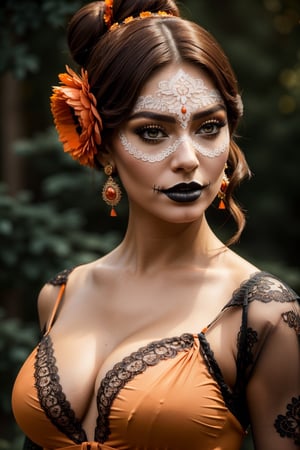 Best quality,8k,32k,Masterpiece, (UHD::1.2),full body potrait of a young woman with Catrina makeup ((latina)), ((hazel_eyes, bright)), extreme detailed eyes, dia de los muertos,(white make up,orange,black makeup,emulating a skull with the make up,orange flowers as ornament in hair),many orange flowers,and attractive features,eyes,eyelid,focus,depth of field,film grain,ray tracing,contrast lipstick,slim model, (impossible_fit), toned abs, (((wearing vintage lace mexican gown))),((large_breasts)), absolute_cleavage,plump breasts, detailed natural real skin texture,visible skin pores,anatomically correct,night,(teotihuacan),Catrina, secuctive, hourglass_figure ,photo of perfecteyes eyes, ((brown shoulder length hair, tight bun))