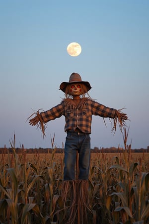 High quality, 4k, masterpiece, realistic. Generate an image of an scarecrow, standing in an empty cornfield in the early evening. Evil frowning face on the scarecrow. Full harvest moon in the evening sky. Fall hues everywhere.