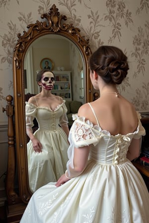 High quality, 4k, masterpiece, realistic. Generate an image of a beautiful woman from the 1700s in a white lace nightgown. She is looking at herself in her bedroom mirror, the viewer sees that her reflection is a dead and deceomposing version of her.