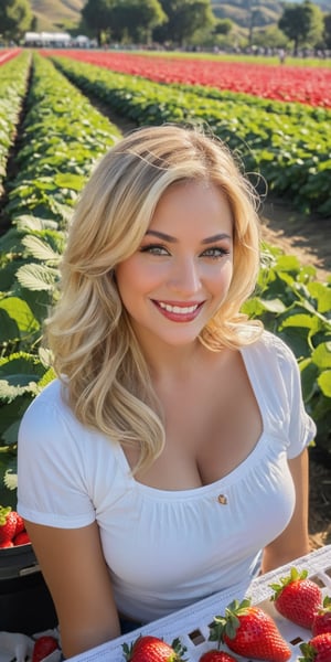 A cheerful American girl enjoying the Strawberry Festival Festival, DeeG, she has the most beautiful hazel eyes, ((blonde hair)), beaming under the early morning sun of Southern California in the Spring. The scene is accentuated by a lush strawberry Fields in the background. The photo features a cinematic style with a classic Hollywood filter, rendered hyper-realistically as if captured by a Canon EOS 5D Mark IV, exuding a realistic, cinematic vibe.