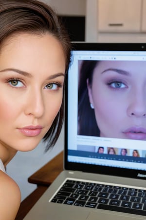 score_9, score_8_up, score_7_up, BREAK, generate an image of a beautiful woman with perfect eyes generating AI images of herself on her laptop in her home office. you can see an image of her on the laptop screen.