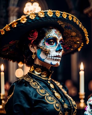 (Best quality, 8k, 32k, Masterpiece, UHD:1.2),  a couple, catrin dancing with a beautiful young woman catrina, skull make-up, sugar skulls, candle light, Dark tones, inside an old church, gorgeous woman, catrin in vintage charro suit and charro sombrero, catrina wearing a tight vintage linen dress, cande light shines beautifully on them, they are looking lovingly into each others eyes, anatomically correct,(PnMakeEnh),Catrin,Catrina