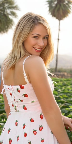 A cheerful Argentinian girl enjoying the Strawberry Festival Festival, Karli, ((she has the most beautiful hazel eyes, blonde hair)), beaming under the early morning sun of Southern California in the Spring. The scene is accentuated by a lush strawberry Fields in the background. The photo features a cinematic style with a classic Hollywood filter, rendered hyper-realistically as if captured by a Canon EOS 5D Mark IV, exuding a realistic, cinematic vibe.