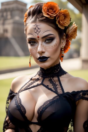 Best quality,8k,32k,Masterpiece, (UHD::1.2),full body potrait of a young woman with Catrina makeup ((latina)), ((hazel_eyes, bright)), extreme detailed eyes, dia de los muertos,(white make up,orange,black makeup,emulating a skull with the make up,orange flowers as ornament in hair),many orange flowers,and attractive features,eyes,eyelid,focus,depth of field,film grain,ray tracing,contrast lipstick,slim model, (impossible_fit), toned abs, (((wearing vintage lace mexican gown))),((large_breasts)), absolute_cleavage,plump breasts, detailed natural real skin texture,visible skin pores,anatomically correct,night,(teotihuacan),Catrina, secuctive, hourglass_figure ,photo of perfecteyes eyes, ((brown shoulder length hair, tight bun))