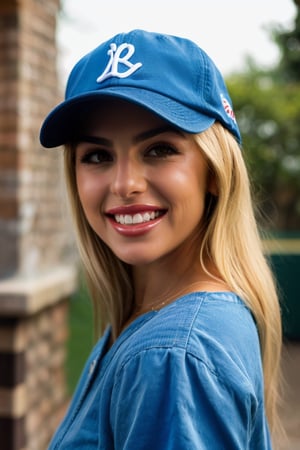 generate an image of a beautiful blonde woman, close up headshot, (detailed hazel eyes), big beautiful smile with perfect teeth, wearing a light blue baseball cap with her hair down.