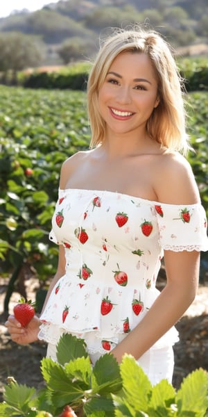 A cheerful Asian American girl enjoying the Strawberry Festival Festival, Britttni, ((she has the most beautiful hazel eyes, blonde hair)), beaming under the early morning sun of Southern California in the Spring. The scene is accentuated by a lush strawberry Fields in the background. Photo shoot of your perfect asian amerucan girlfriend. The photo features a cinematic style with a classic Hollywood filter, rendered hyper-realistically as if captured by a Canon EOS 5D Mark IV, exuding a realistic, cinematic vibe. photo r3al,photo r3al