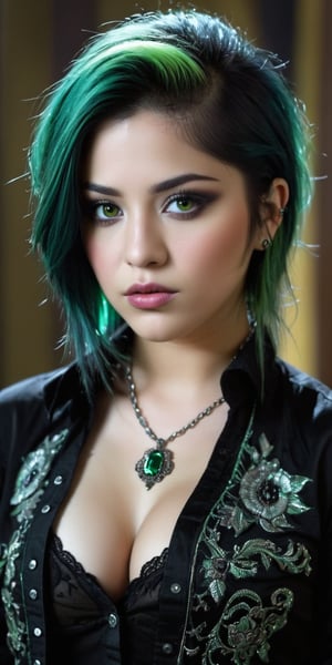 ((top quality)), ((masterpiece)), full body image of a young gothic mexican girl with a  touch of punky, ((front view,)) With a black velvet unbuttoned shirt over his nude body, with a rebellious appearance, black shaded eyes, green hair, intricate details, highly detailed light hazel eyes, highly detailed mouth, cinematic image, illuminated by soft light,photo of perfecteyes eyes