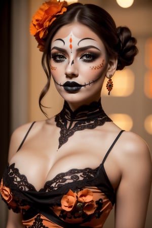 Best quality,8k,32k,Masterpiece, (UHD::1.2),full body potrait of a young woman with Catrina makeup ((latina)), ((hazel_eyes)), extreme detailed eyes, dia de los muertos,((white make up,orange,black makeup,emulating a skull with the make up,orange flowers as ornament in hair)),many orange flowers,wearing a gown,and attractive features,eyes,eyelid,focus,depth of field,film grain,ray tracing,contrast lipstick,slim model, (impossible_fit), toned abs, (((vintage lace mexican dress))),((large_breasts)), absolute_cleavage,plump breasts, detailed natural real skin texture,visible skin pores,anatomically correct,night,(teotihuacan),Catrina, secuctive, hourglass_figure ,photo of perfecteyes eyes, ((brown shoulder length hair, tight bun))