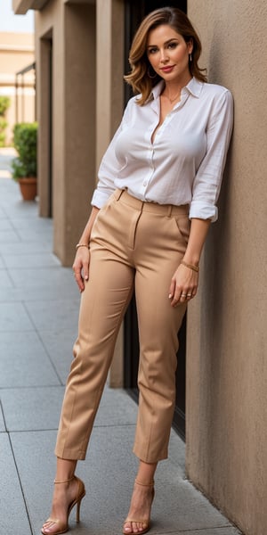 Create a hyper realistic beautiful woman (44 year old, Milf), DeeG, Masterpiece, real hazel eyes, full glossy lips with natural lipstick, wearing tight linen capri pants, ((camel_toe)), white button down shirt with extreme overboob and absolute_cleavage, shirt tucked into pants, amazing hourglass body, tiny waist, flat stomach, long toned legs, standing in a hotel resort courtyard, stiletto heels. Best quality, ultra detailed, intricate, professional photography, HDR, High Dynamic Range, (8k UHD), RAW photo, dslr, realistic LUT.