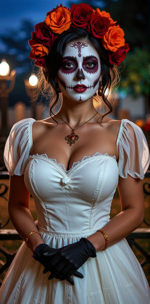 High quality, 4k, masterpiece, realistic. Generate an image of a 45 year old long Mexican woman, Full body portrait of a woman with Catrina makeup, dia de los muertos, white make up, dark red, black makeup, emulating a skull with the make up, orange flowers as ornament in hair, many dark red flowers, wearing a gown, gloves and attractive features, eyes, eyelid, focus, depth of field, film grain,, ray tracing, ((contrast lipstick)), voluptuous model, detailed fabric rendering, detailed natural real skin texture, visible skin pores, anatomically correct, night, cemetary background, Catrina, Latina, curvy